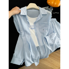 批发夏季长袖防晒套装26春夏新字母刺绣<b class='q'>衬衫</b>＋字母背心＋短裤三件时尚