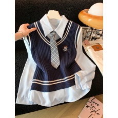批发JK英伦学院风卡通针织V领撞色无袖<b class='q'>马甲</b>长袖衬衫领带三件套装加厚