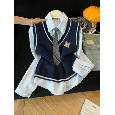 批发实拍~JK英伦学院风毛衣<b class='q'>马甲</b>衬衫两件套装26秋冬加厚长袖上衣V领