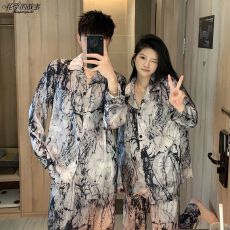 批发韩国情侣<b class='q'>睡衣</b>女春秋季长袖冰丝薄款男士泼墨山水画仿真<b class='q'>丝绸</b>家居服