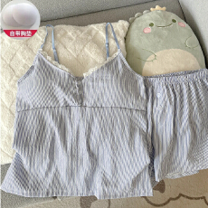批发吊带短裤带胸垫睡衣女夏季新款云朵棉甜美可爱少女条纹家居服套装