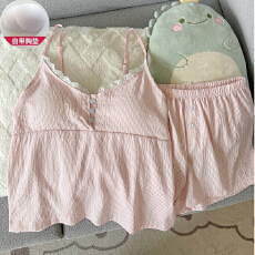 批发吊带短裤带胸垫睡衣女夏季新款云朵棉甜美可爱少女条纹家居服套装