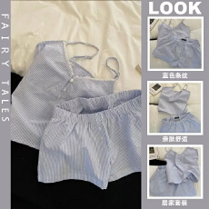 批发吊带短裤带胸垫睡衣女夏季新款云朵棉甜美可爱少女条纹家居服套装