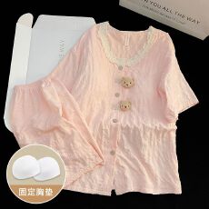 批发夏季新款云朵棉KT猫带固定胸垫睡衣夏天女家居服短袖短裤套装外出