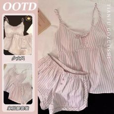 吊带短裤带胸垫睡衣女夏季新款云朵棉甜美可爱少女条纹家居服套装