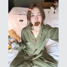 批发春秋新款外贸长袖云朵棉条纹睡衣居家服可外穿小翻领长袖长裤套装
