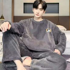 男士睡衣女秋冬季薄款珊瑚绒卡通套头法兰绒男生可外穿家居服套装