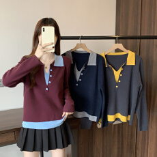 批发实拍 大码<b class='q'>女</b>装微胖 设计感百搭显瘦假两件撞色翻领减龄针织衫上衣