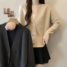 批发实拍 大码<b class='q'>女</b>装微胖 牛角扣V领简约气质百搭显瘦针织开衫毛衣外套