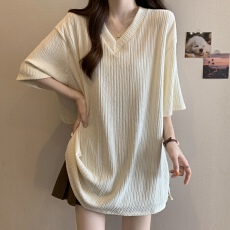 批发实拍 大码女装胖MM 纯色宽松BF慵懒风中长款短袖T恤裙