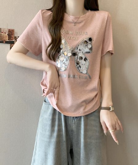실사 빅 사이즈 여성 의류 지방 mm 핫픽스 나비 다용도 라운드 넥 기초 바람 슬림해 보이는 표지 고기 반팔 티셔츠