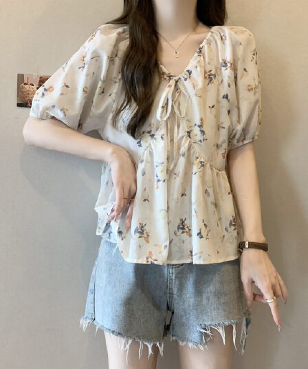 실사 빅 사이즈 여성 의류 지방 mm 작은 지우기 꽃 허리 수축 슬림해 보이는 표지 고기 휴가 바람 반팔 작은 셔츠
