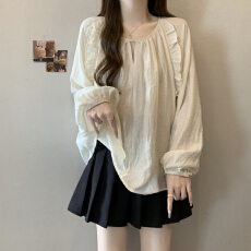 批发实拍 大码女装胖MM 木耳边圆领宽松<b class='q'>灯笼袖</b>长袖显瘦遮肉小衫