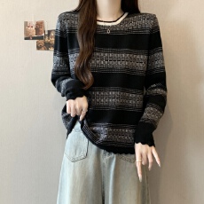 批发实拍 大码<b class='q'>女</b>装微胖 早秋新款条纹复古撞色宽松套头简约气质针织衫