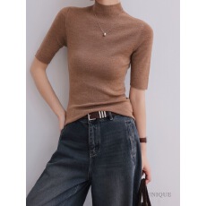 批发酒窝定制纯色五分<b class='q'>袖</b>半高圆领全羊毛针织衫女2025秋季新款修身<b class='q'>上衣</b>