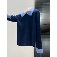 批发宝蓝色Polo领拼接撞色长袖针织衫女2025秋冬季内搭打底衫修身上衣