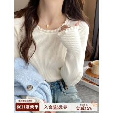 批发木耳边<b class='q'>打底衫</b>女2025新款白色毛衣内搭圆领长袖针织秋冬小香风上衣