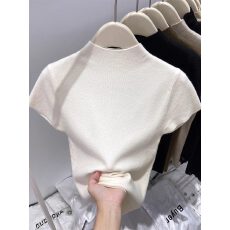 批发半高领小飞袖针织短袖T恤女<b class='q'>夏季</b>短款内搭正肩修身打底气质上衣