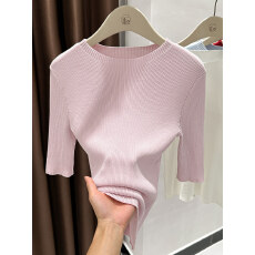 批发气质粉色圆领中<b class='q'>袖</b><b class='q'>上衣</b>女春秋季洋气修身内搭五分<b class='q'>袖</b>坑条针织打底衫