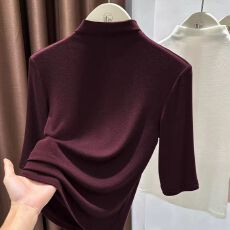 批发酒红色半高领针织短<b class='q'>袖</b>T恤女秋季新款修身内搭五分<b class='q'>袖</b>打底衫<b class='q'>上衣</b>