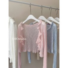 批发夏季木耳边V领披肩荷叶边防晒薄款<b class='q'>长袖</b>冰丝针织<b class='q'>开衫</b>外搭短款玫瑰