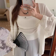 批发白色冰丝<b class='q'>针织</b>防晒<b class='q'>开衫</b>女夏季薄款小个子外搭中<b class='q'>长款</b>罩衫空调衫上衣