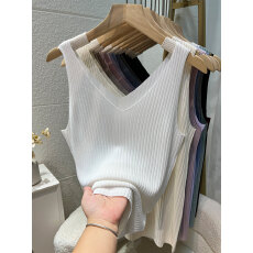 批发吊带背心女夏薄款2025新款双v领冰丝白色外穿针织内搭遮肚子上衣