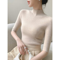 新款羊毛半高领五分袖打底衫女修身百搭针织衫春秋季毛衣中袖上衣