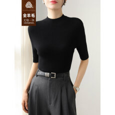 批发无缝五分袖100%羊毛针织衫女秋季<b class='q'>修身</b>半高领中袖内搭打底黑色毛衣