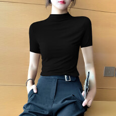 批发<b class='q'>莫代尔</b>半高领短袖t恤女春夏新款修身体恤<b class='q'>打底衫</b>紧身黑色薄款上衣