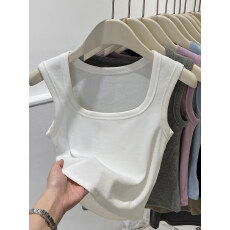 批发白色短款方领螺纹吊带背心女宽肩带内搭遮副乳外穿<b class='q'>修身</b>无袖上衣夏
