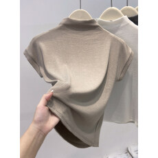 批发2026早秋新款半高领小飞袖<b class='q'>t</b>恤女修身显瘦洋气ins短袖针织打底上衣