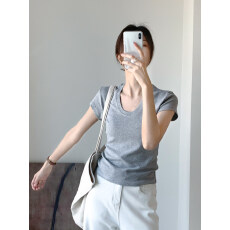 批发【正肩掐腰显瘦t】大U领T恤显瘦弹力巨大轻薄亲肤短袖278修身