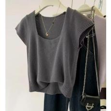 批发灰色方领短袖针织衫女早春2026新款内搭打底衫<b class='q'>毛衣</b>小飞袖夏款上衣