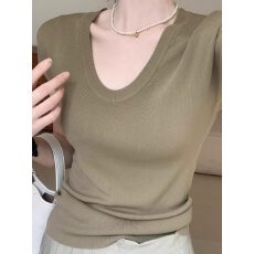 批发复古U领冰丝针织衫短袖上衣女<b class='q'>夏</b>修身显瘦正肩高级感收腰小飞袖T恤