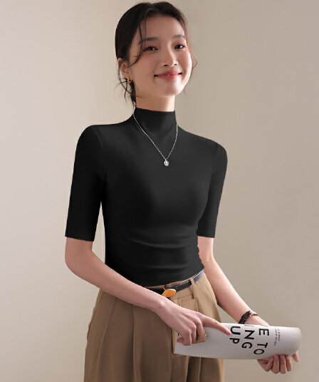 검정색 모달 반하이넥 중간 소매 티셔츠 여성 새로운 외국 가스 몸매 가꾸기 5 점 소매 만나는 동정 얇은 스타일 맨위