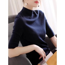 批发藏青色半高领<b class='q'>中袖</b>针织衫女春秋修身高级感内搭五分袖打底衫上衣