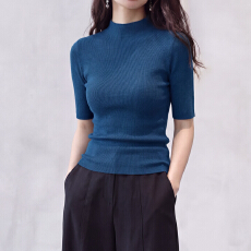 批发克莱因蓝色半高领中<b class='q'>袖</b>针织衫女秋季新款气质半<b class='q'>袖</b>五分<b class='q'>袖</b>打底衫<b class='q'>上衣</b>