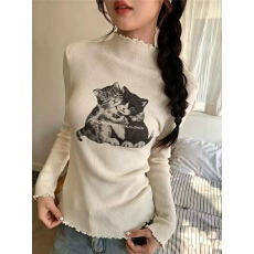 批发韩系猫咪印花半高领打底针织衫女秋冬内搭修身显瘦木耳边<b class='q'>上衣</b>2026