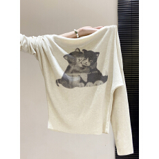 批发设计感猫咪<b class='q'>印花</b>长袖T恤秋装韩系宽松显瘦卡通斜肩一字领上衣针织