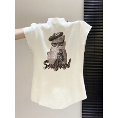 批发猫咪<b class='q'>印花</b>短袖针织衫女秋独特漂亮小飞袖上衣半高领打底衫内搭小衫