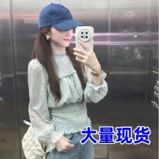 批发2025独特超好看立领长袖衬衣女收腰减龄洋气绿色<b class='q'>雪纺</b><b class='q'>衫</b>上衣早秋季