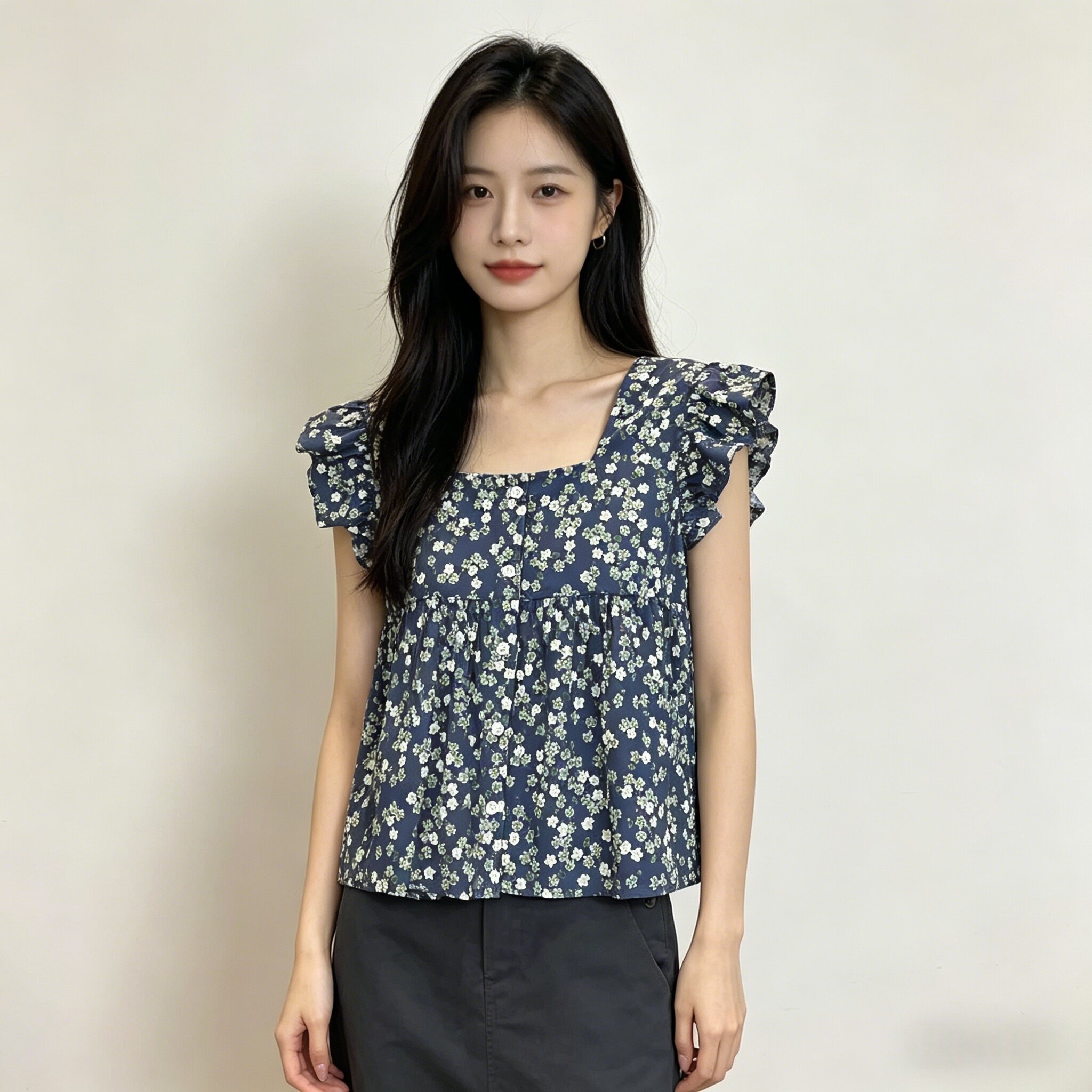 한 부서 작은 Feifei 소매 꽃무늬 셔츠 여성 셔츠 인형 셔츠 작은 청신 민소매 여름 새로운