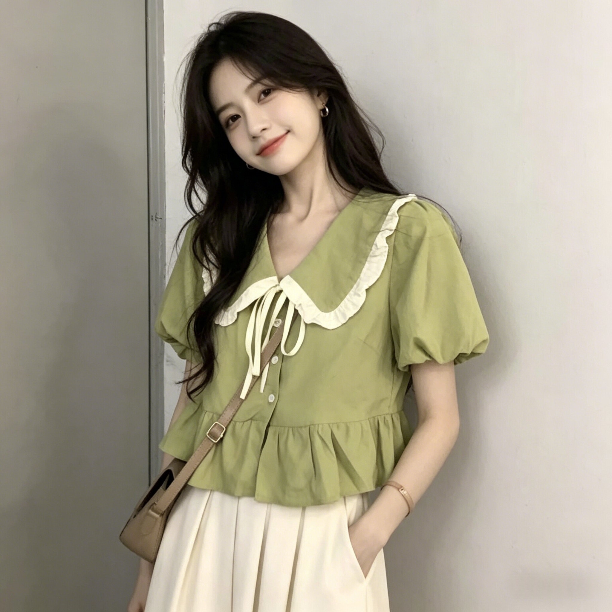 프랑스식 베이비 칼라 셔츠 새로운 여성용 짧은 소매 거품 소매 맨위 인형 셔츠 여름 도파민 착용 가져 가라.