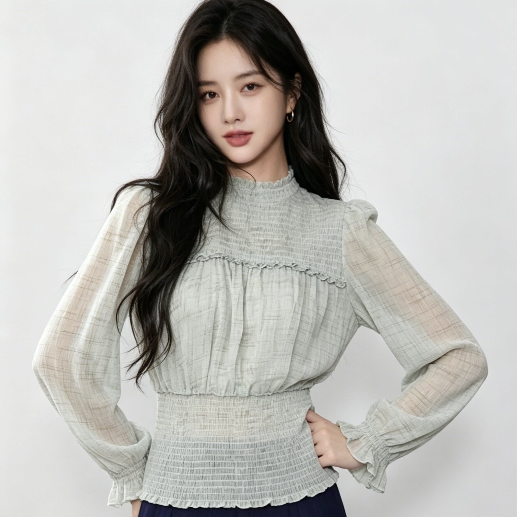 출퇴근 미니멀리즘 다용도 가을 녹색 라운드 넥 쉬폰 허리 수축 슬림해 보이는 자외선 차단 긴팔 맨위 여성