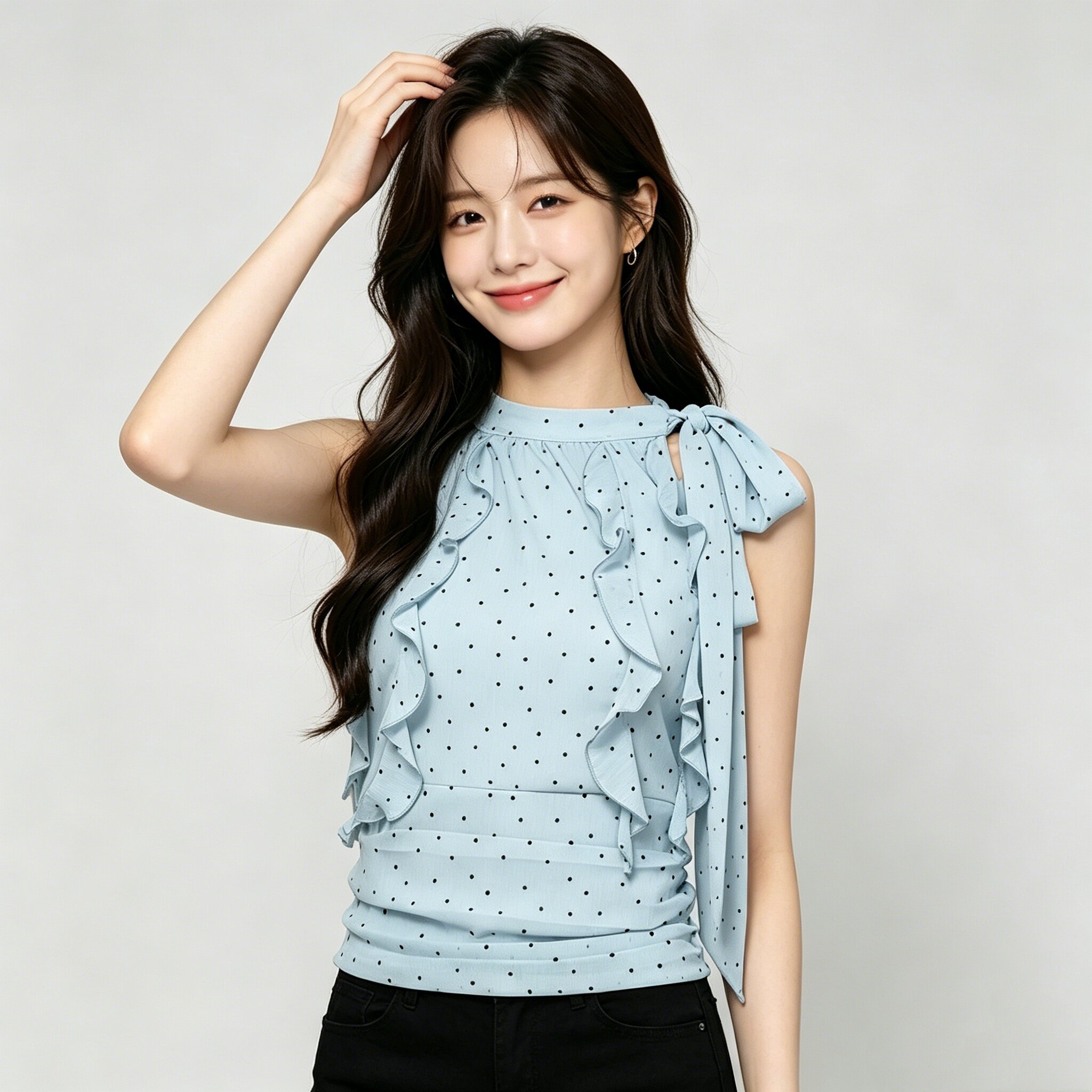 여행 휴가 바람 나비 넥타이 연꽃 잎 레이스 민소매 맨위 여성 여름 도트 무늬 디자인 센스 작은 대중 티셔츠