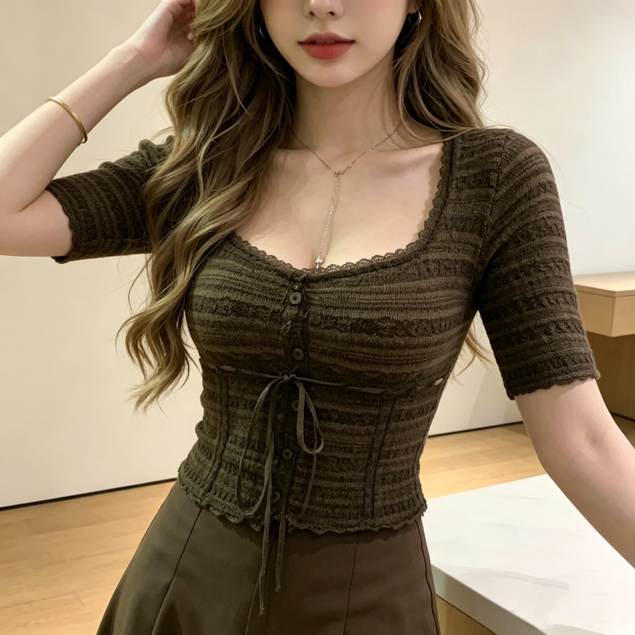 한 부서 낭만주의 레이스 광장 칼라 레이스 중간 소매 프랑스식 허리 수축 몸매 가꾸기 슬림해 보이는 가스 의류