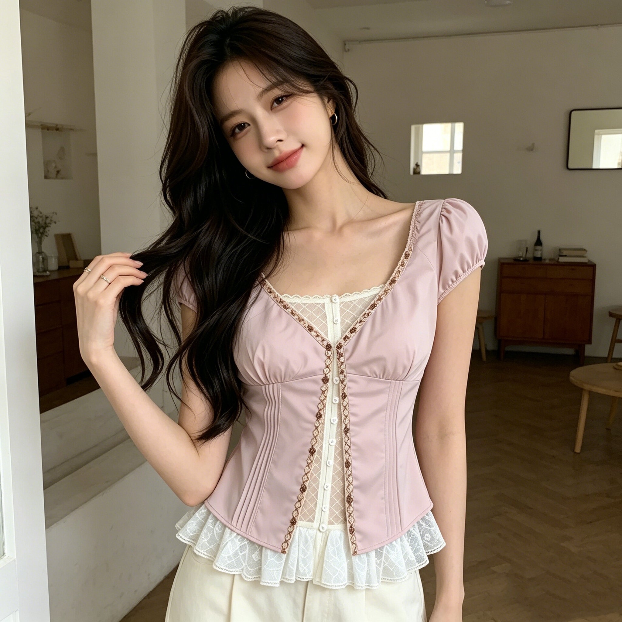 핑크색 페이크 레이어드 반팔 여성 셔츠 여름 착용 가져 가라. 조개 레이스 레이스 셔츠 작은 셔츠 슬림해 보이는 한 첨부 된 의류
