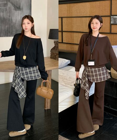 실사 빅 사이즈 여성 의류 지방 mm 한 부서 고급 센스 착용 가져 가라. 비스듬한 어깨 후드티 레트로 체크무늬 부츠컷 바지 세트