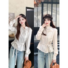 批发实拍大码女装胖mm轻熟简约风不对称荡领衬衫系带收腰显瘦上衣